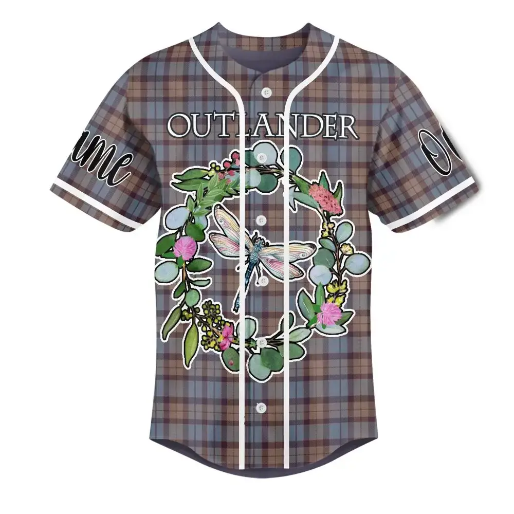 Outlander Floral Plaid Baseball Jersey - Unique Dragonfly Design, Customizable Name, Perfect Gift For Fans! Image