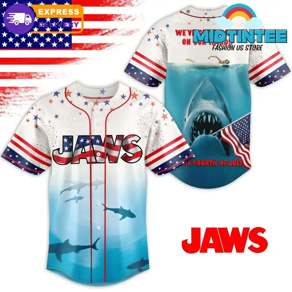 Patriotic Jaws Baseball Jersey - 4Th Of July Shark Design Tee , Fast Shipping! Image