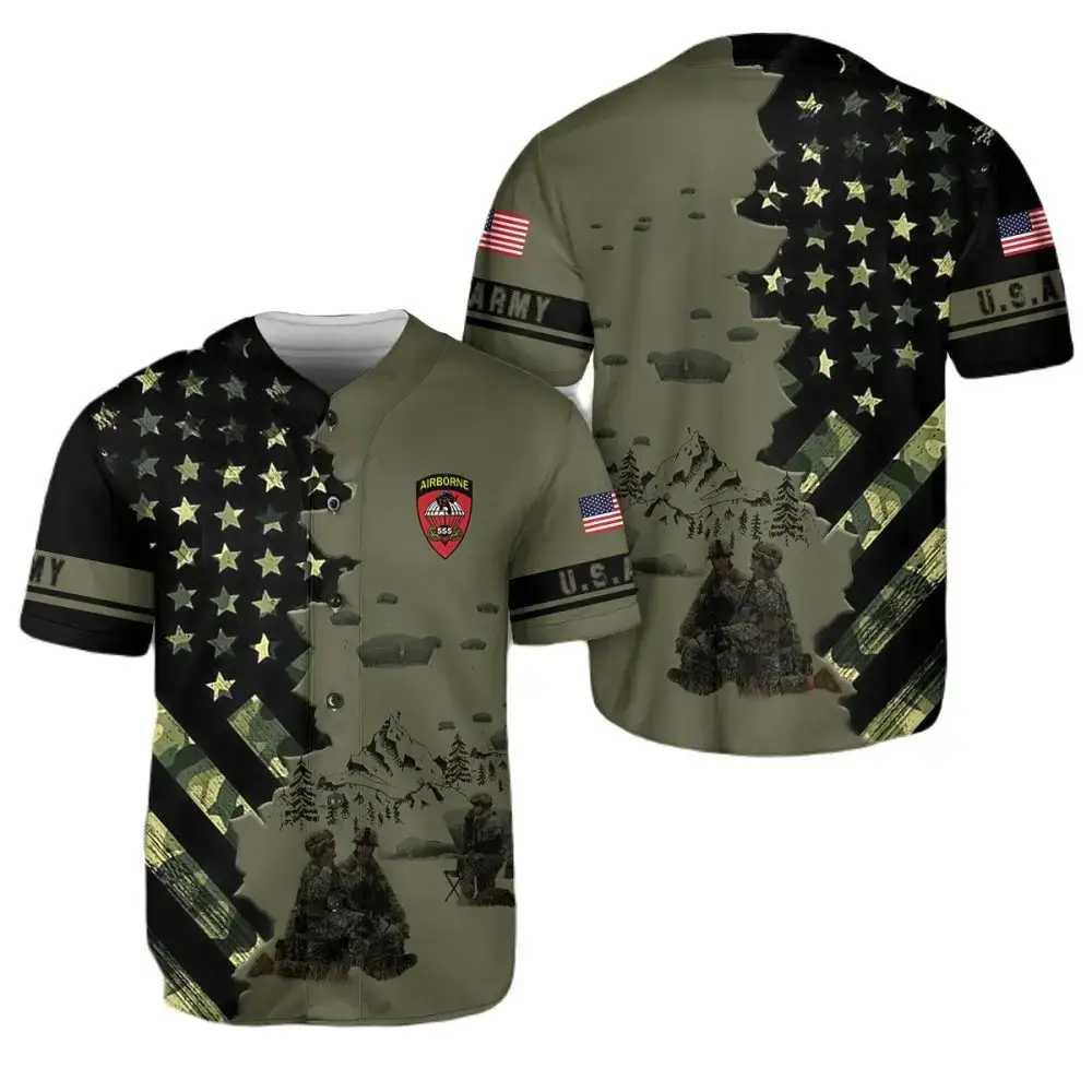 Patriotic U.S. Army Airborne Baseball Jersey - Military Style, American Flag Design Image