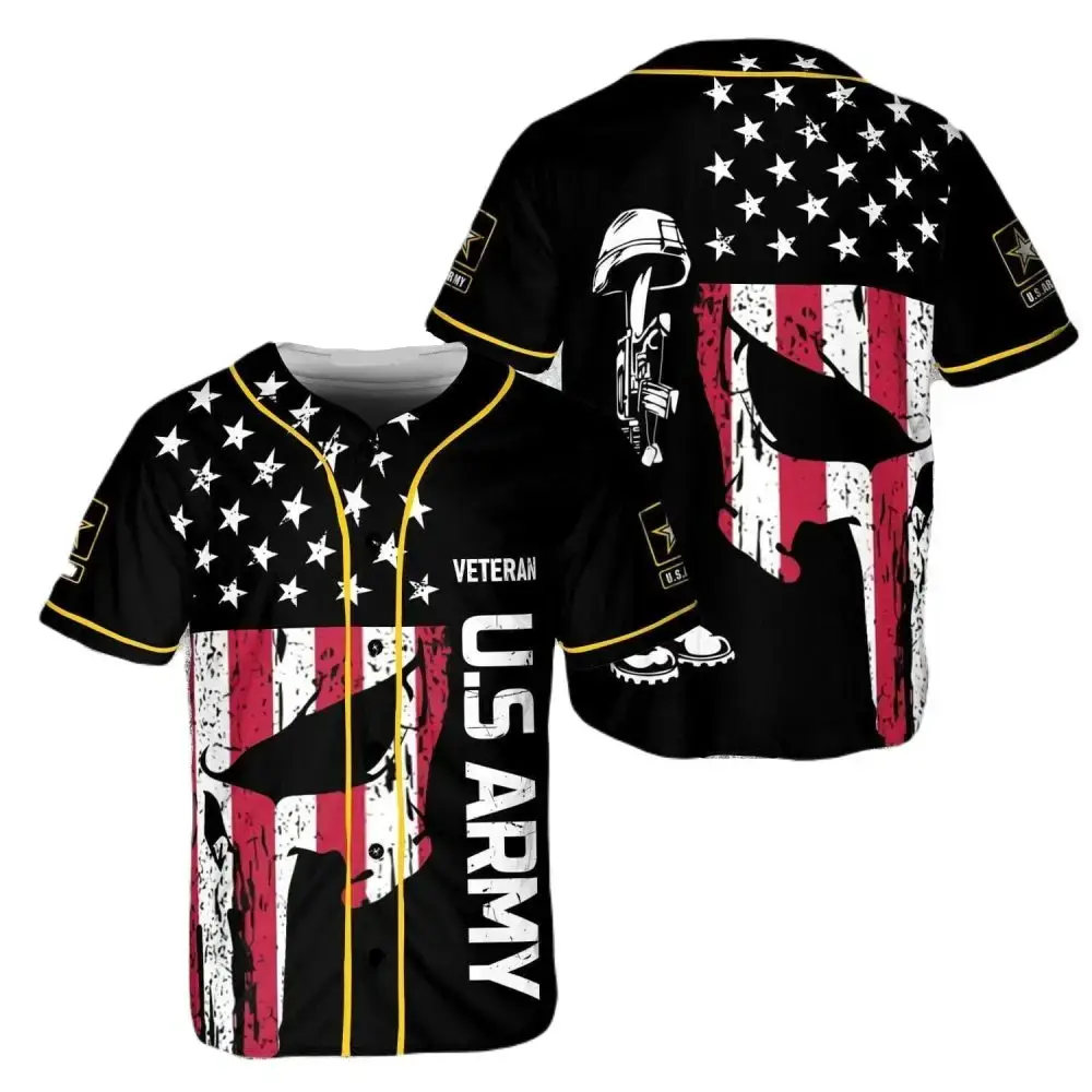 Patriotic Us Army Veteran Baseball Jersey - American Flag & Helmet Design Image