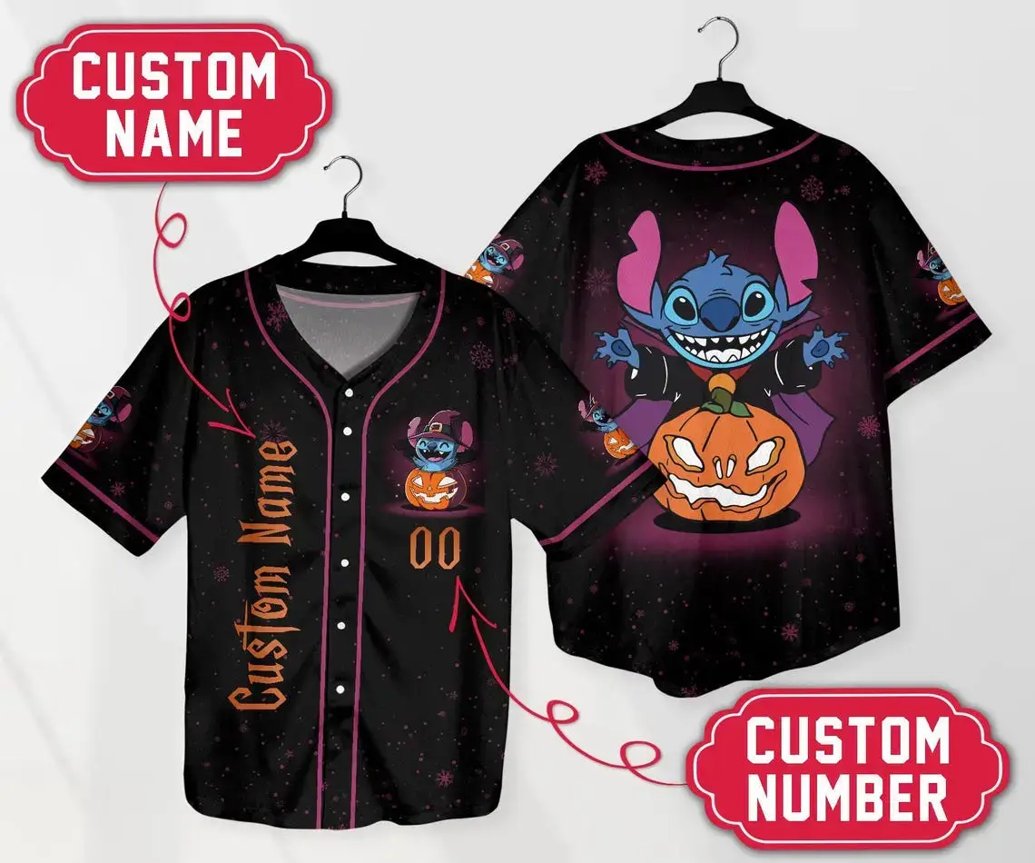 Personalized Halloween Baseball Jersey – Custom Name & Number, Spooky Stitch Pumpkin Design Image