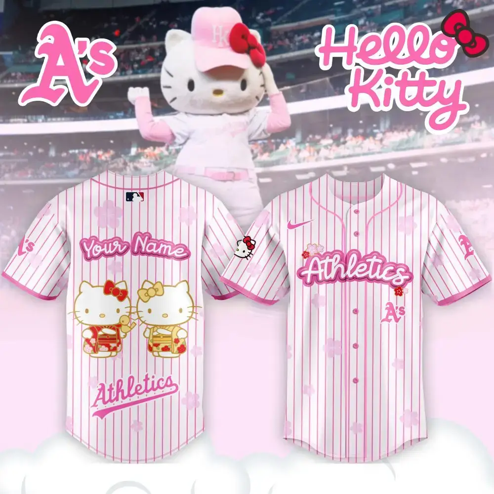 Personalized Hello Kitty Athletics Baseball Jersey - Cute Pink Stripes For Fans Image