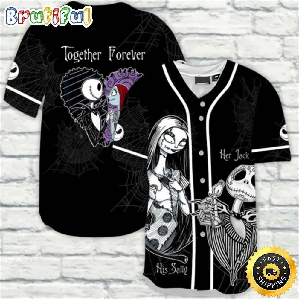 Personalized Jack Skellington And Sally Together 3D Baseball Jersey Image