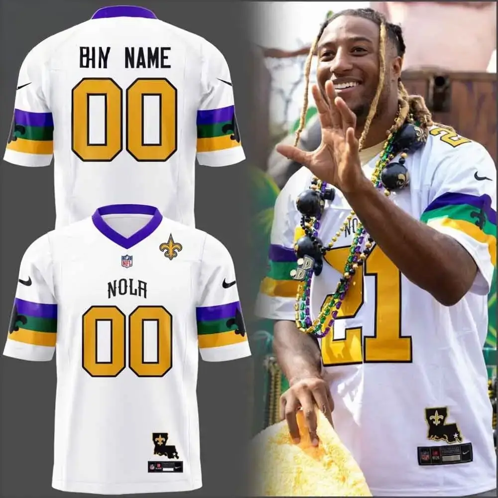 Personalized New Orleans Saints White Mardi Gras Jersey Saints Merch Fans Gifts Image