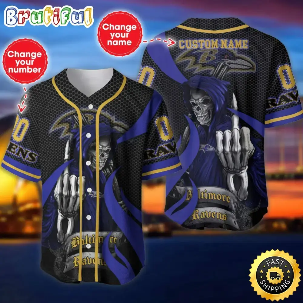 Personalized NFL Baltimore Ravens Baseball Jersey Shirt The Reaper Art Skull Image