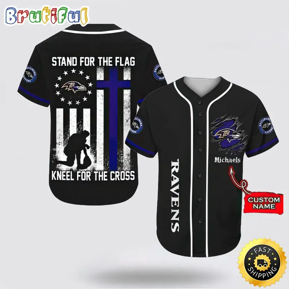 Personalized NFL Baltimore Ravens Baseball Jersey Stand For The Flag Kneel For The Cross Image
