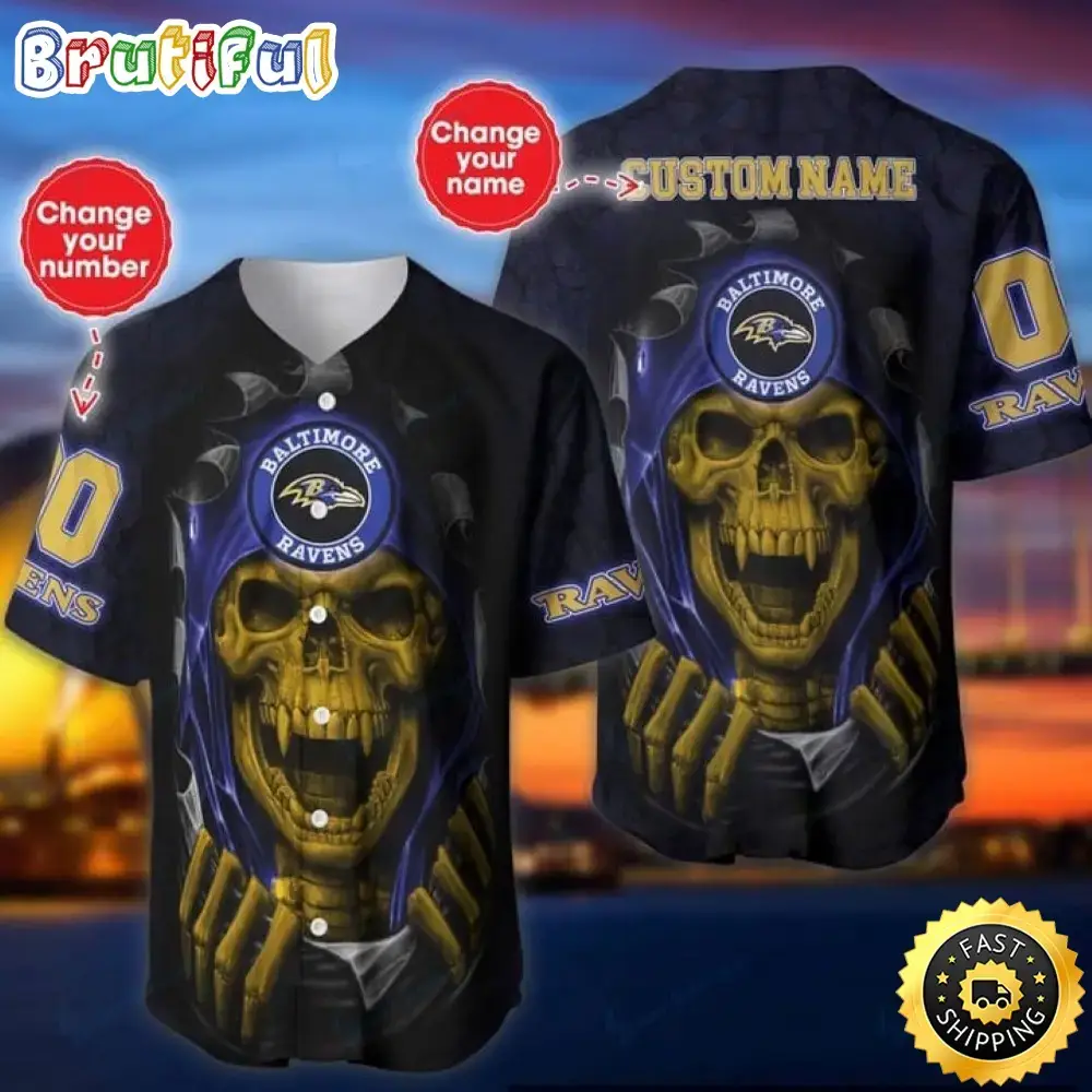 Personalized NFL Baltimore Ravens Baseball Jersey Vampire Skull Image
