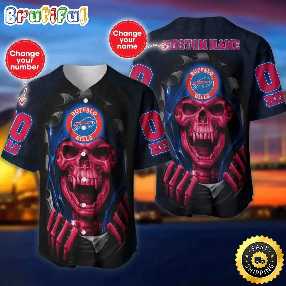 Personalized NFL Buffalo Bills Baseball Jersey Vampire Skull Image