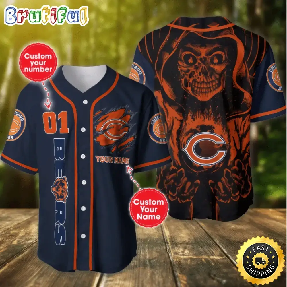 Personalized NFL Chicago Bears Baseball Jersey Art Skull Image