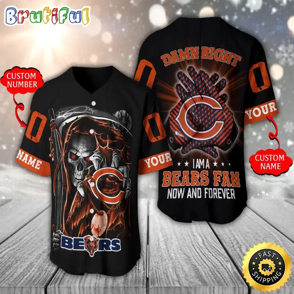 Personalized NFL Chicago Bears Baseball Jersey Skull Damn Right Image