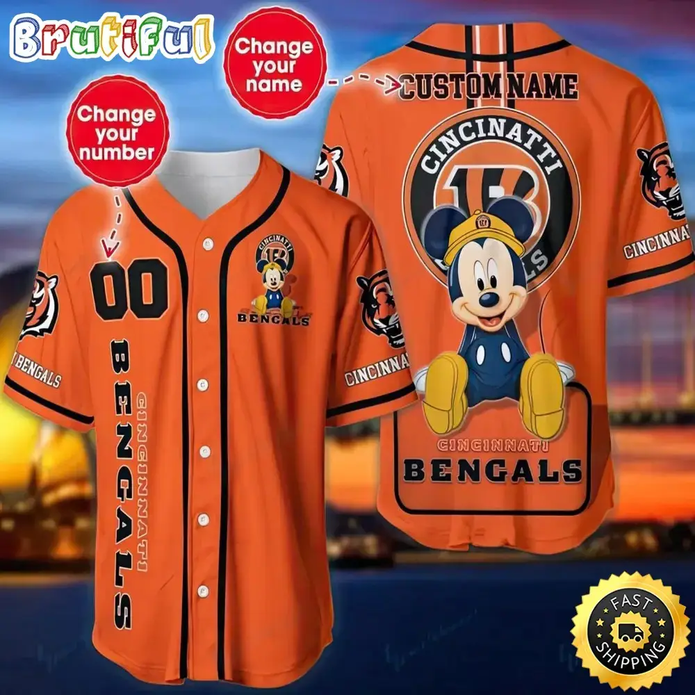 Personalized NFL Cincinnati Bengals Baseball Jersey Mickey Mouse Image