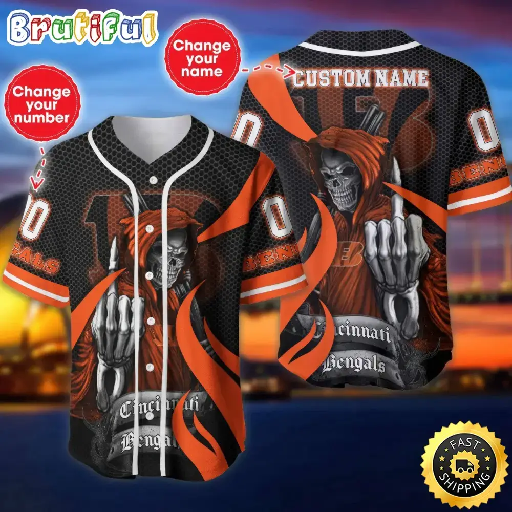 Personalized NFL Cincinnati Bengals Baseball Jersey Shirt The Reaper Art Skull Image