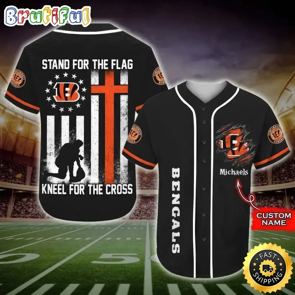 Personalized NFL Cincinnati Bengals Baseball Jersey Stand For The Flag Kneel For The Cross Image