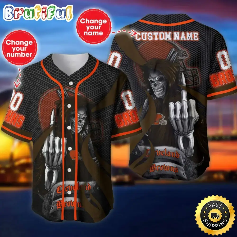 Personalized NFL Cleveland Browns Baseball Jersey Shirt The Reaper Art Skull Image