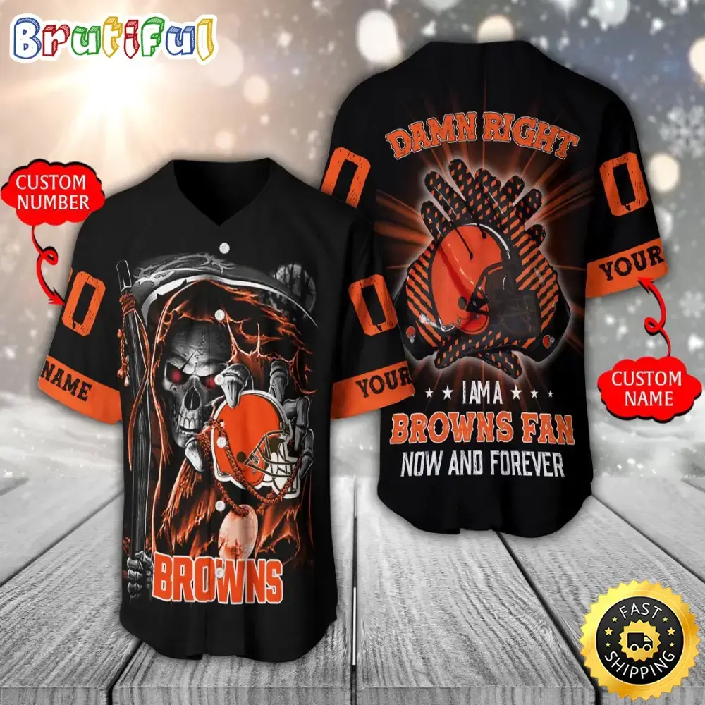 Personalized NFL Cleveland Browns Baseball Jersey Skull Damn Right Image