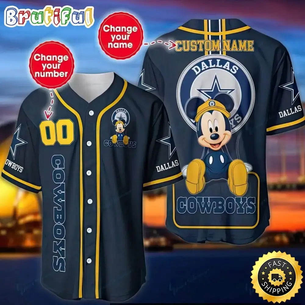 Personalized NFL Dallas Cowboys Baseball Jersey Mickey Mouse Image
