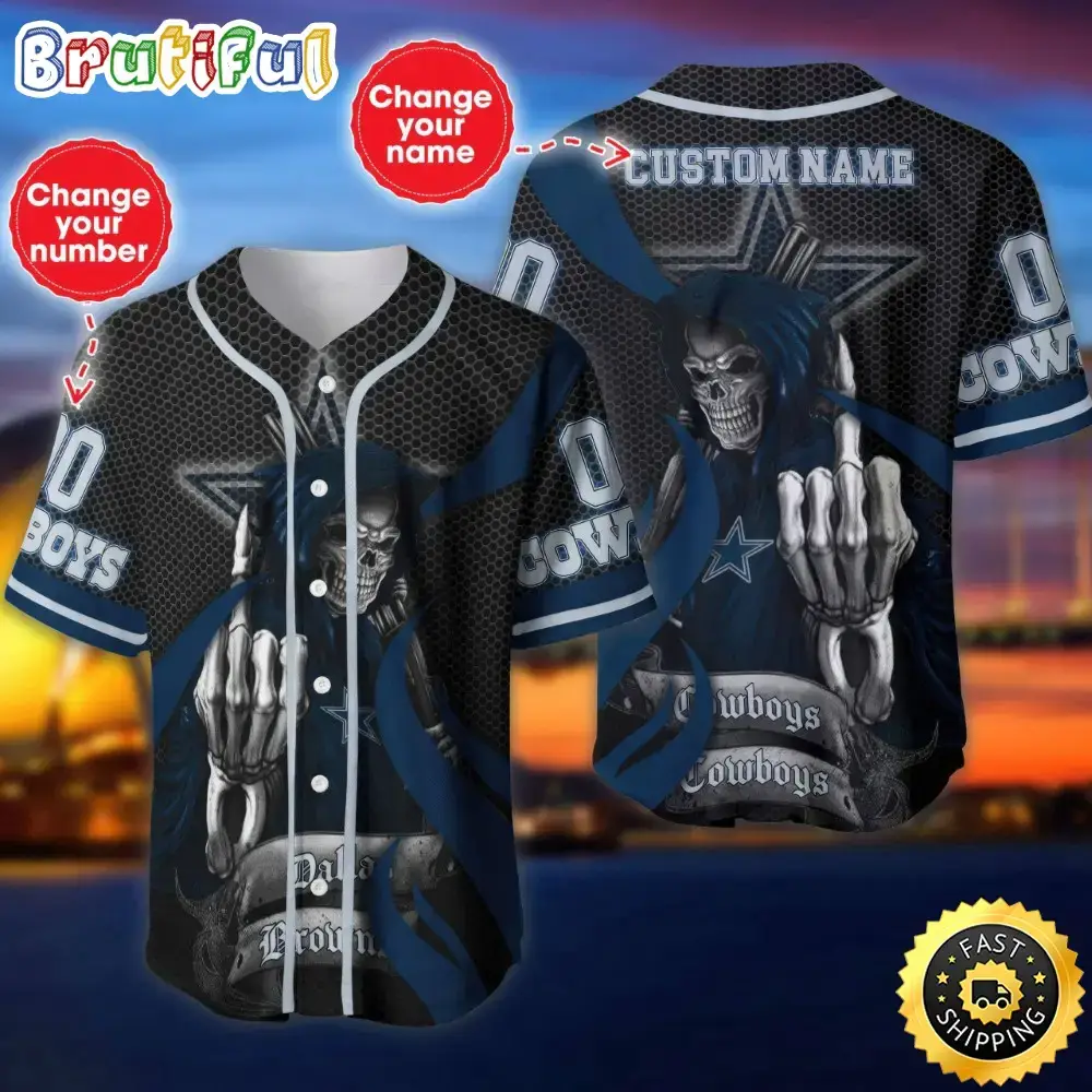 Personalized NFL Dallas Cowboys Baseball Jersey Shirt The Reaper Art Skull Image