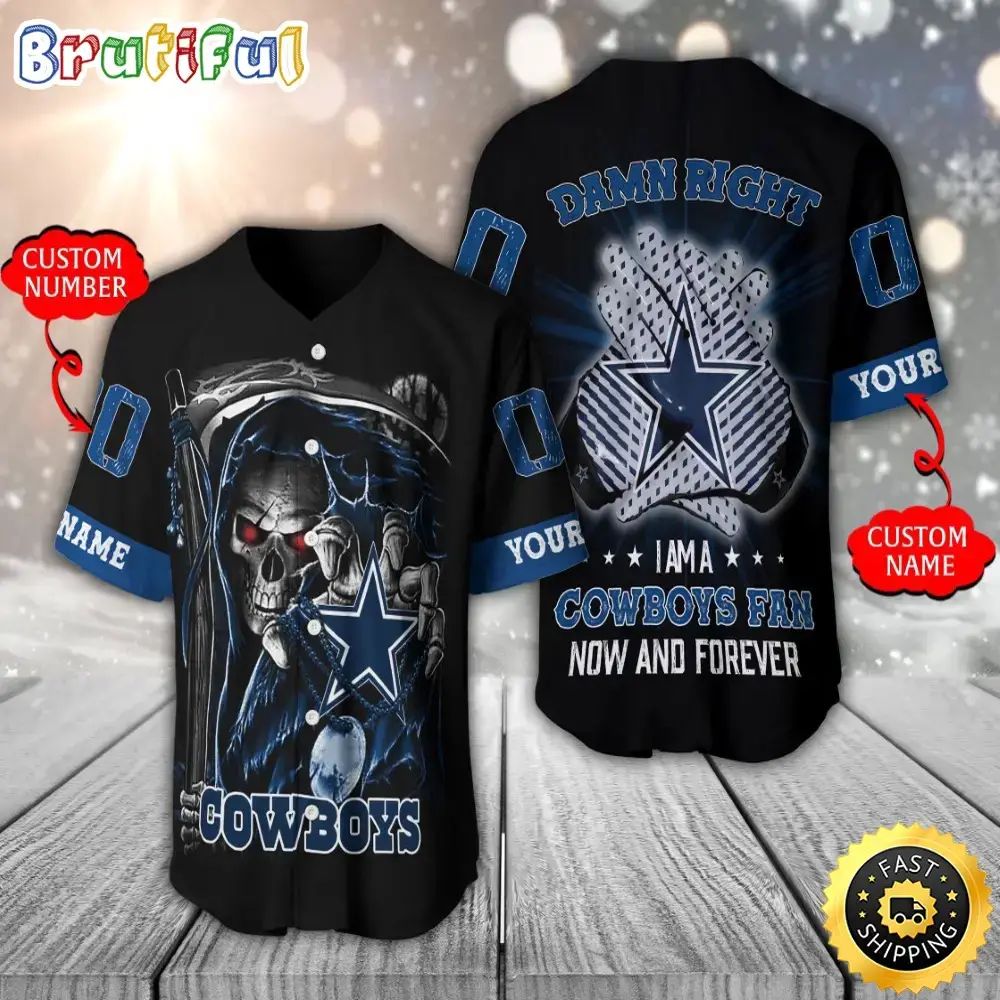 Personalized NFL Dallas Cowboys Baseball Jersey Skull Damn Right Image