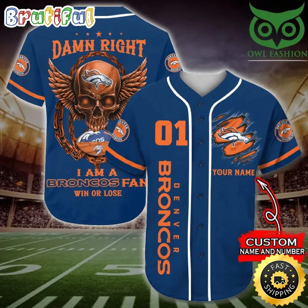 Personalized NFL Denver Broncos Baseball Jersey Art Skull Image