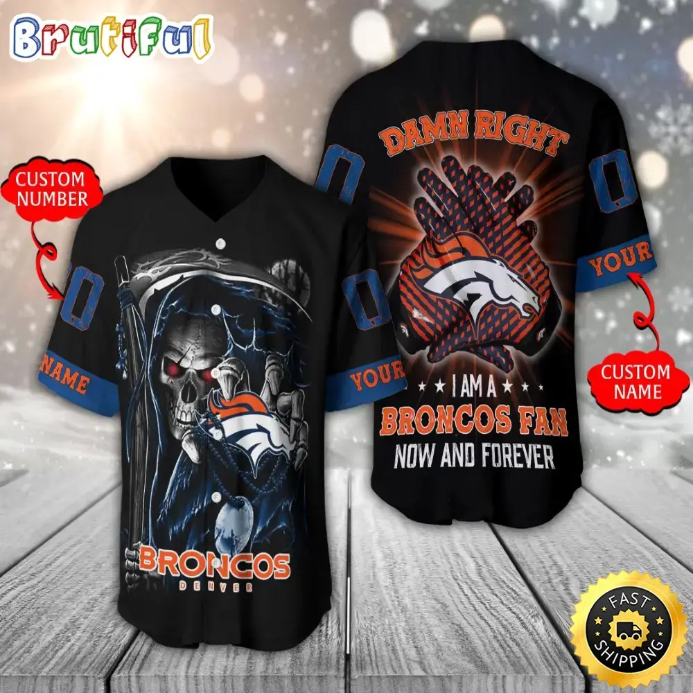 Personalized NFL Denver Broncos Baseball Jersey Skull Damn Right Image
