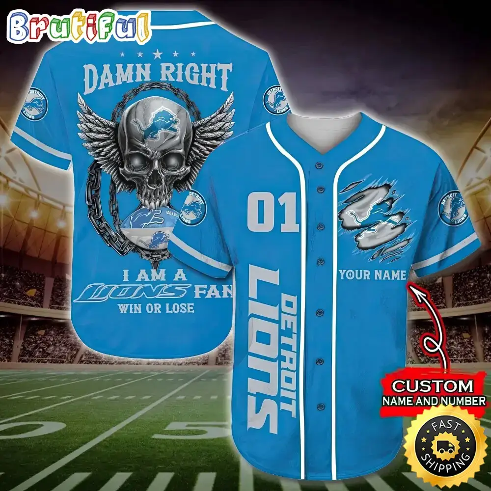 Personalized NFL Detroit Lions Baseball Jersey Art Skull Image