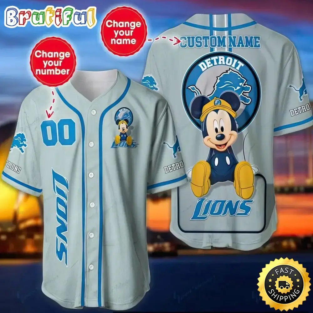 Personalized NFL Detroit Lions Baseball Jersey Mickey Mouse Image