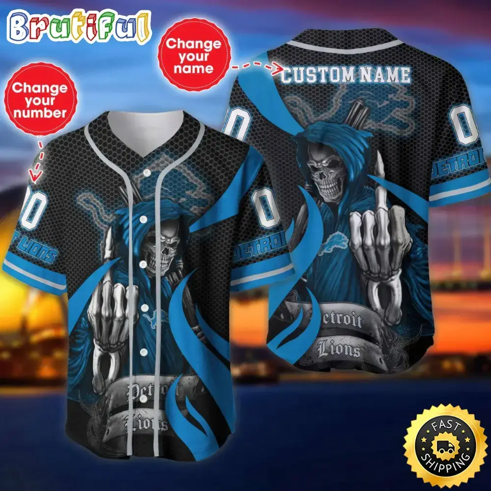 Personalized NFL Detroit Lions Baseball Jersey Shirt The Reaper Art Skull Image