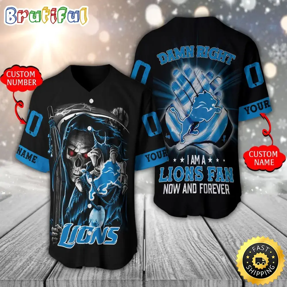Personalized NFL Detroit Lions Baseball Jersey Skull Damn Right Image
