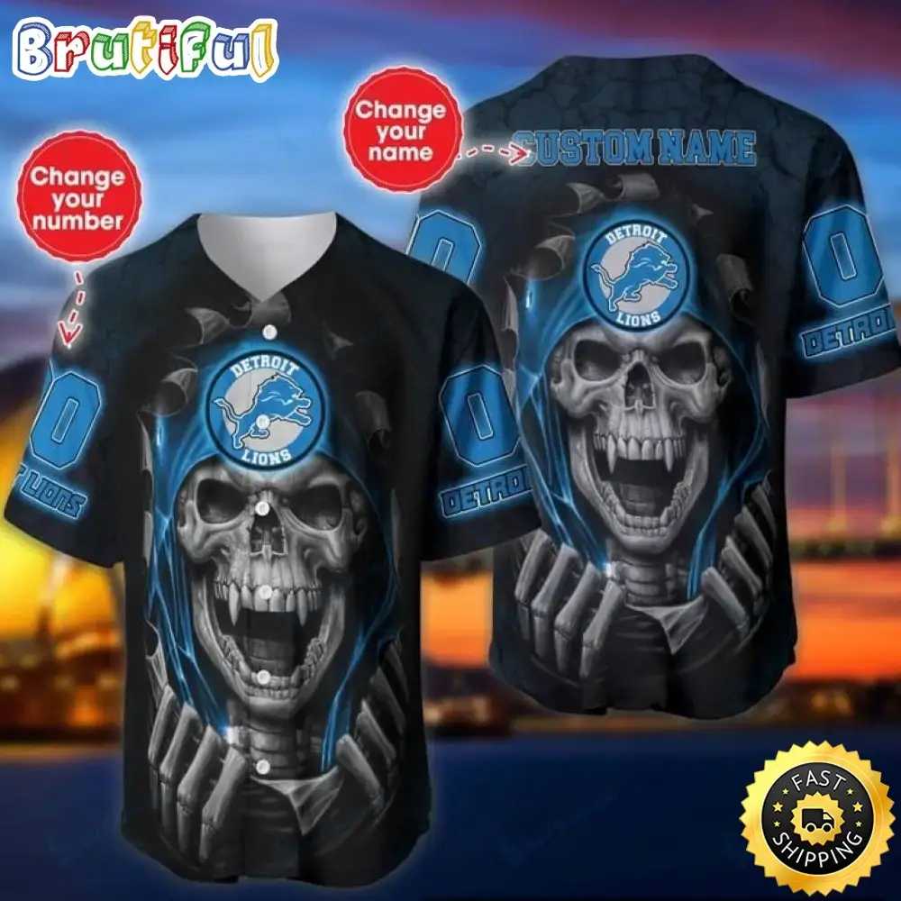 Personalized NFL Detroit Lions Baseball Jersey Vampire Skull Image