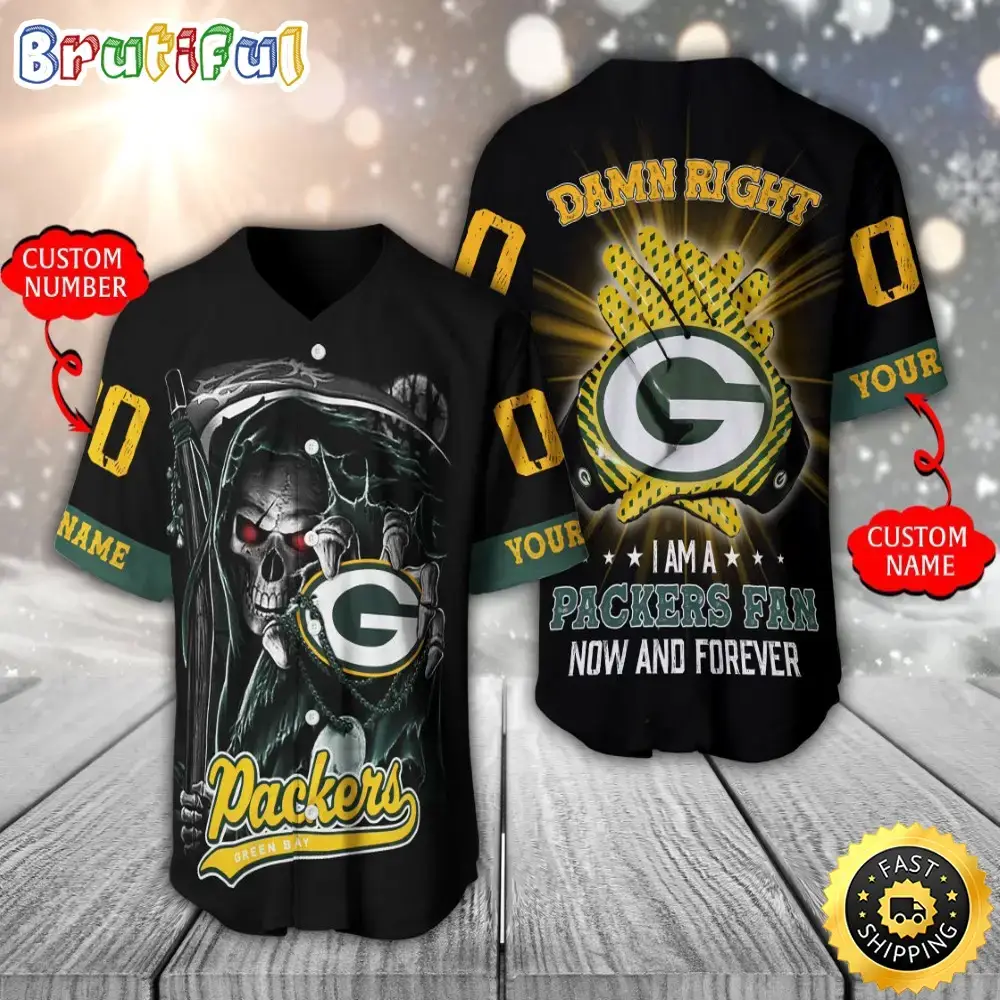 Personalized NFL Green Bay Packers Baseball Jersey Skull Damn Right Image