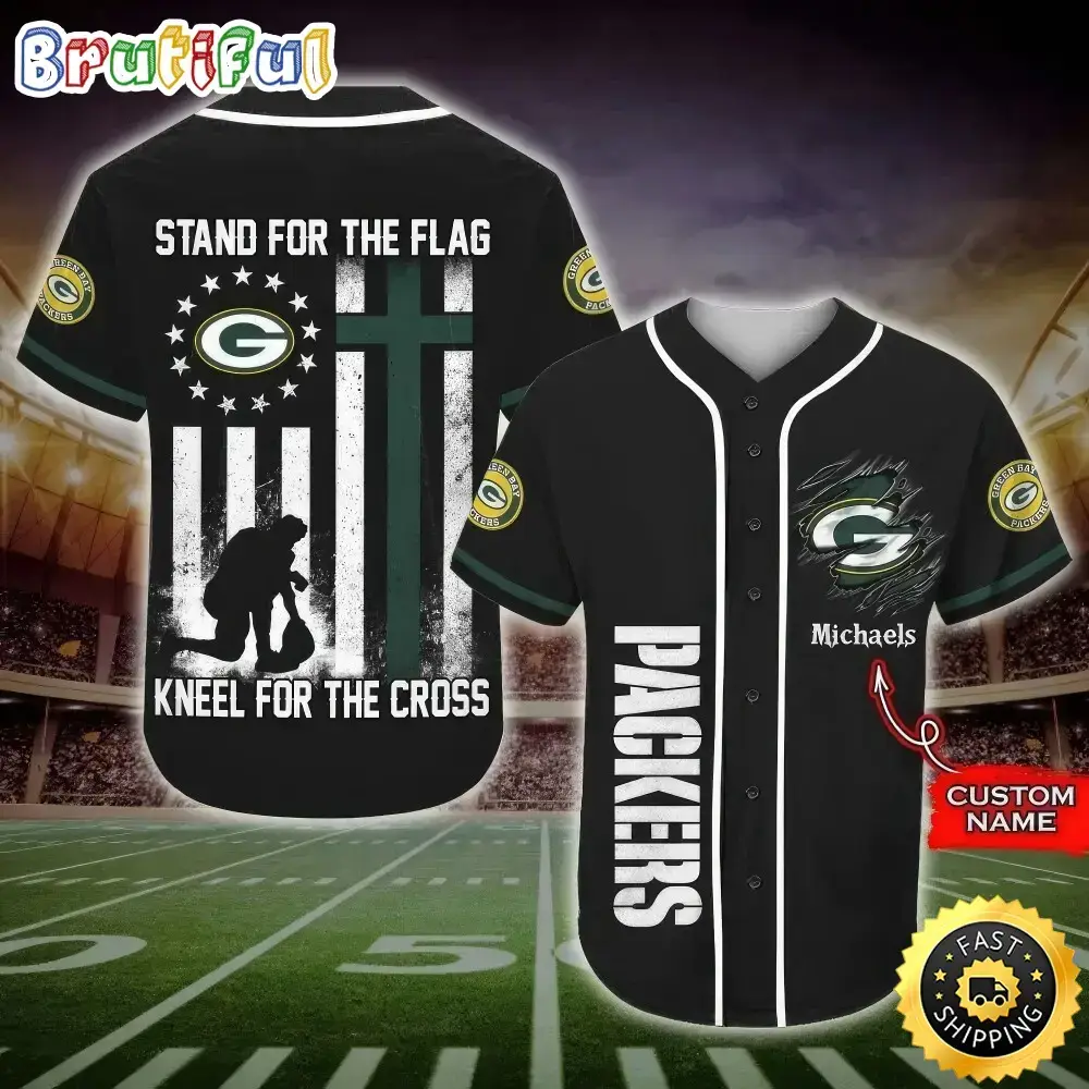 Personalized NFL Green Bay Packers Baseball Jersey Stand For The Flag Kneel For The Cross Image