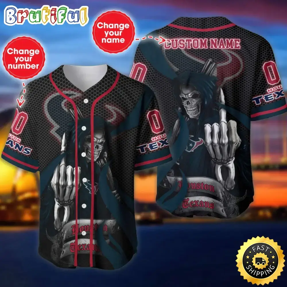 Personalized NFL Houston Texans Baseball Jersey Shirt The Reaper Art Skull Image