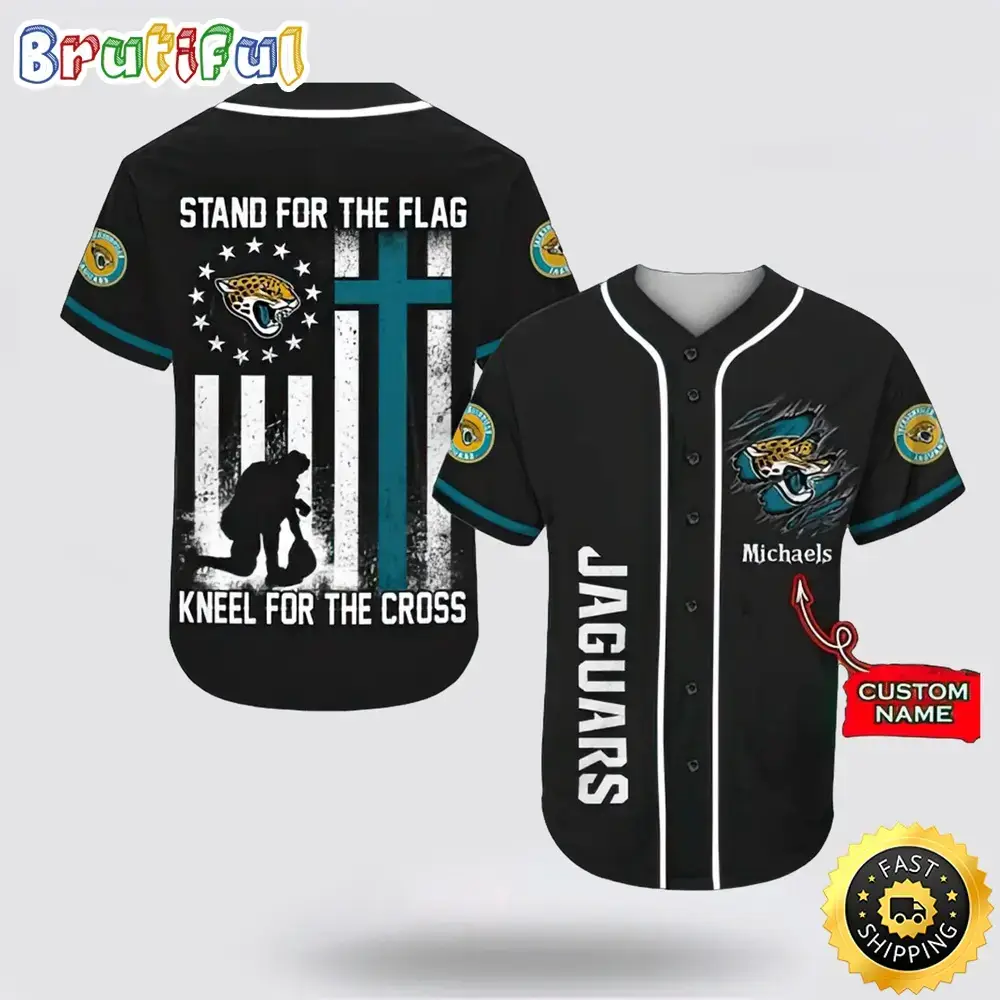 Personalized NFL Jacksonville Jaguars Baseball Jersey Stand For The Flag Kneel For The Cross Image