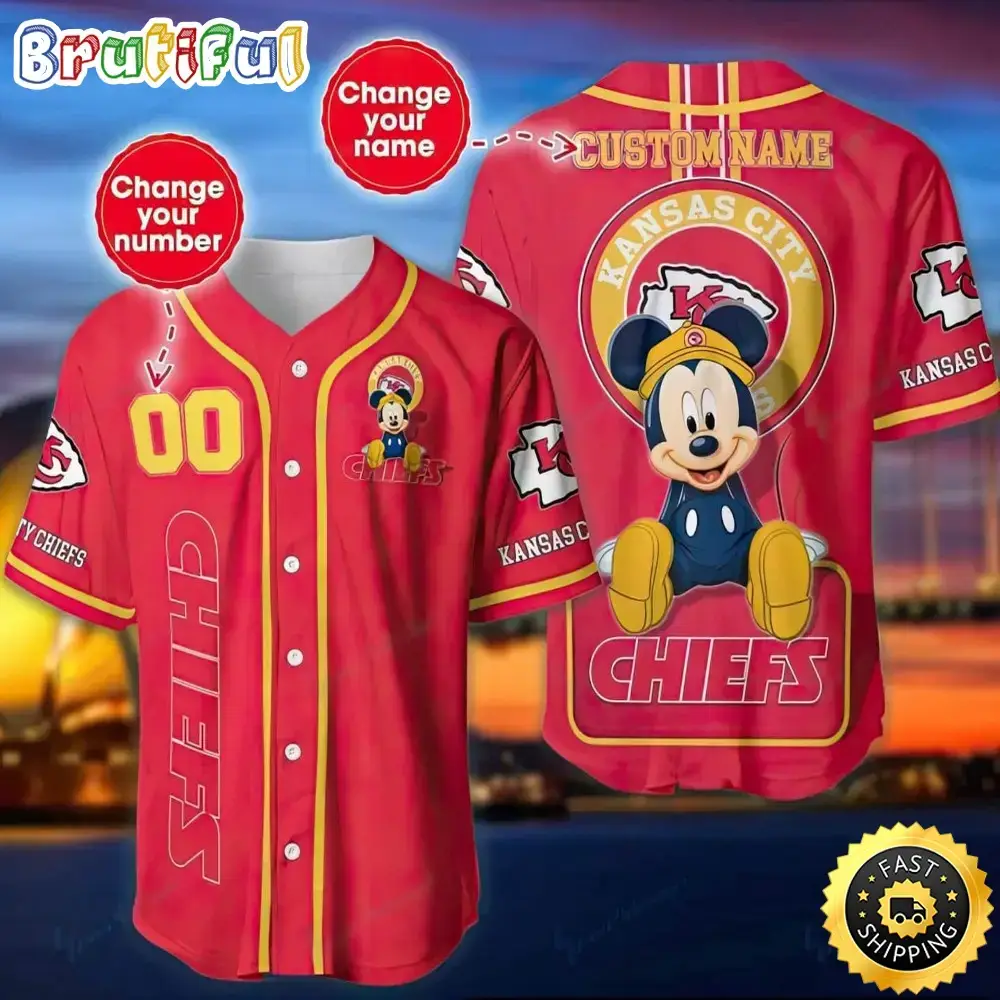 Personalized NFL Kansas City Chiefs Baseball Jersey Mickey Mouse Image