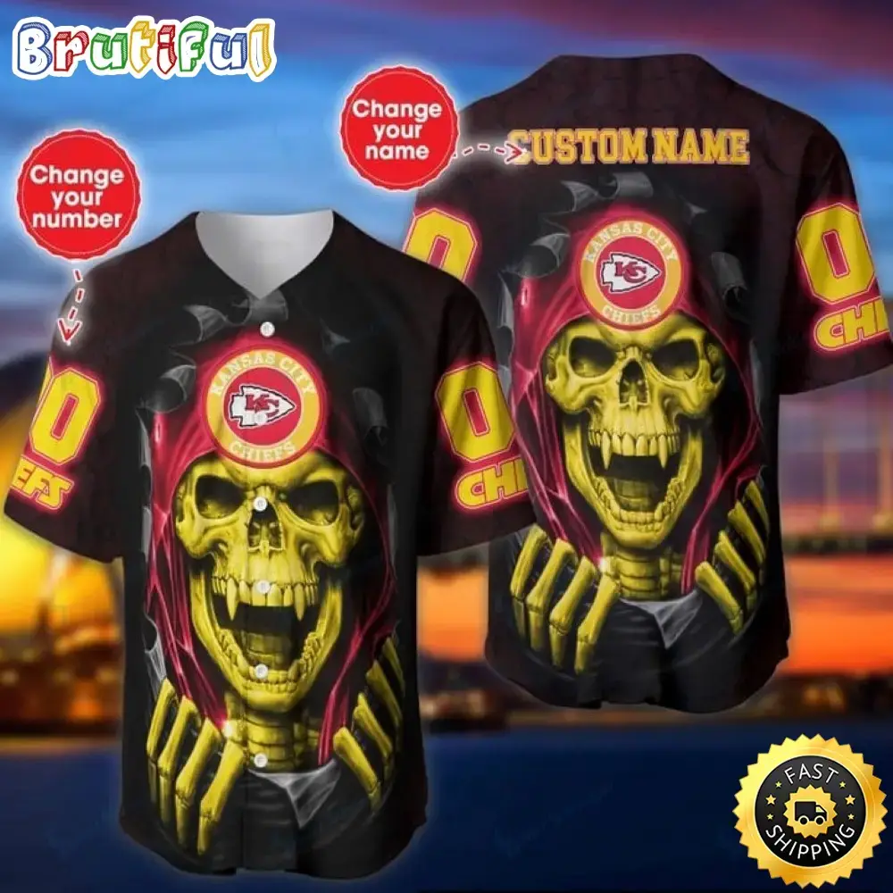 Personalized NFL Kansas City Chiefs Baseball Jersey Vampire Skull Image