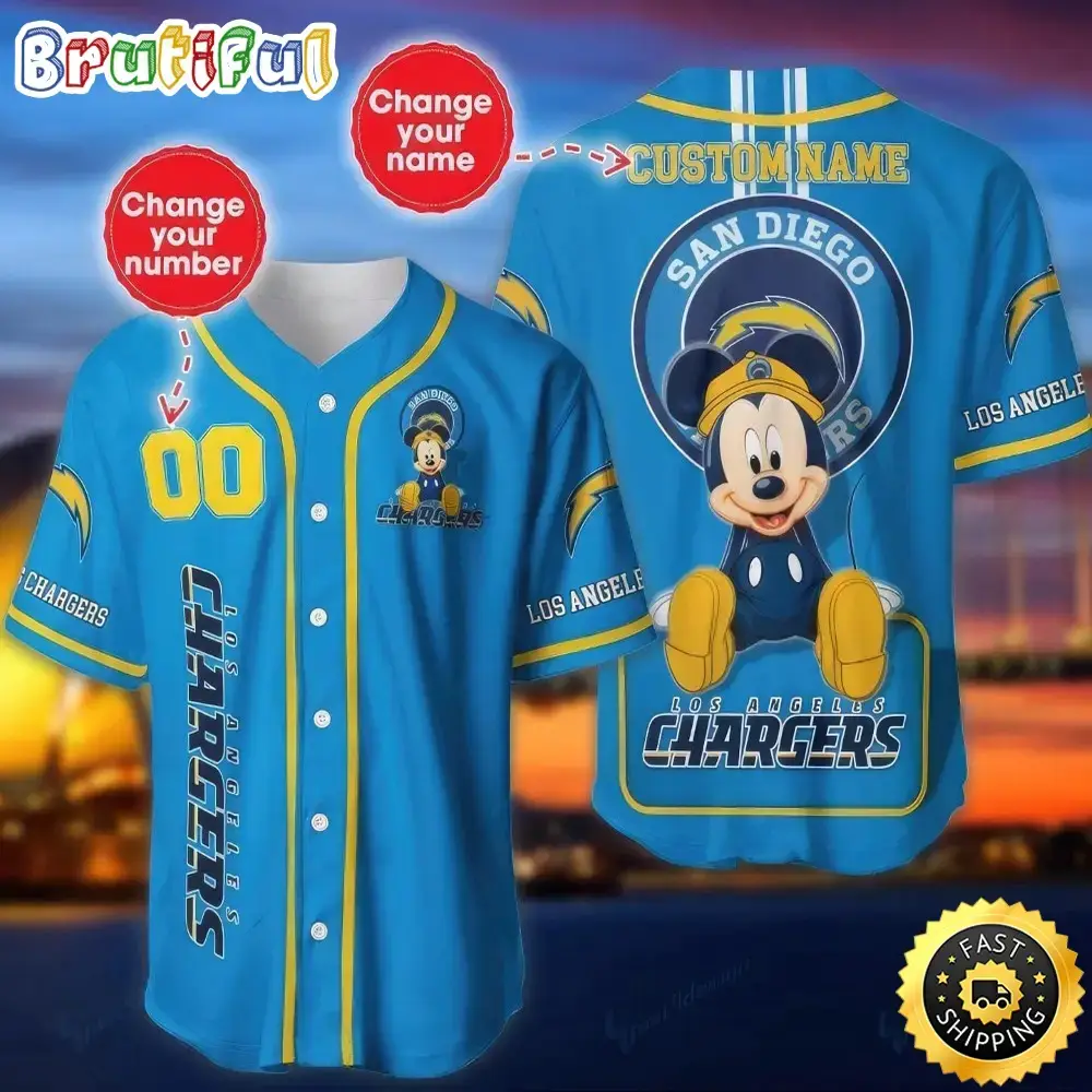 Personalized NFL Los Angeles Chargers Baseball Jersey Mickey Mouse Image