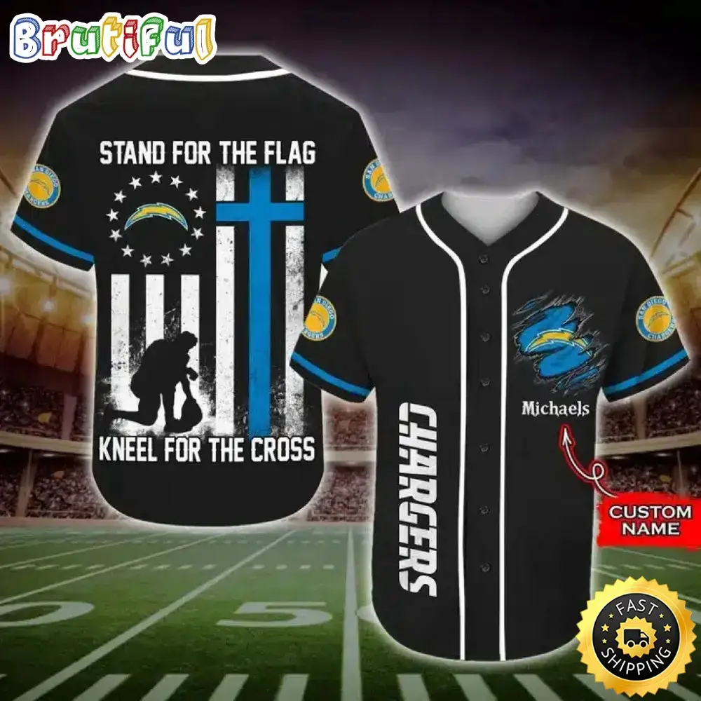 Personalized NFL Los Angeles Chargers Baseball Jersey Stand For The Flag Kneel For The Cross Image