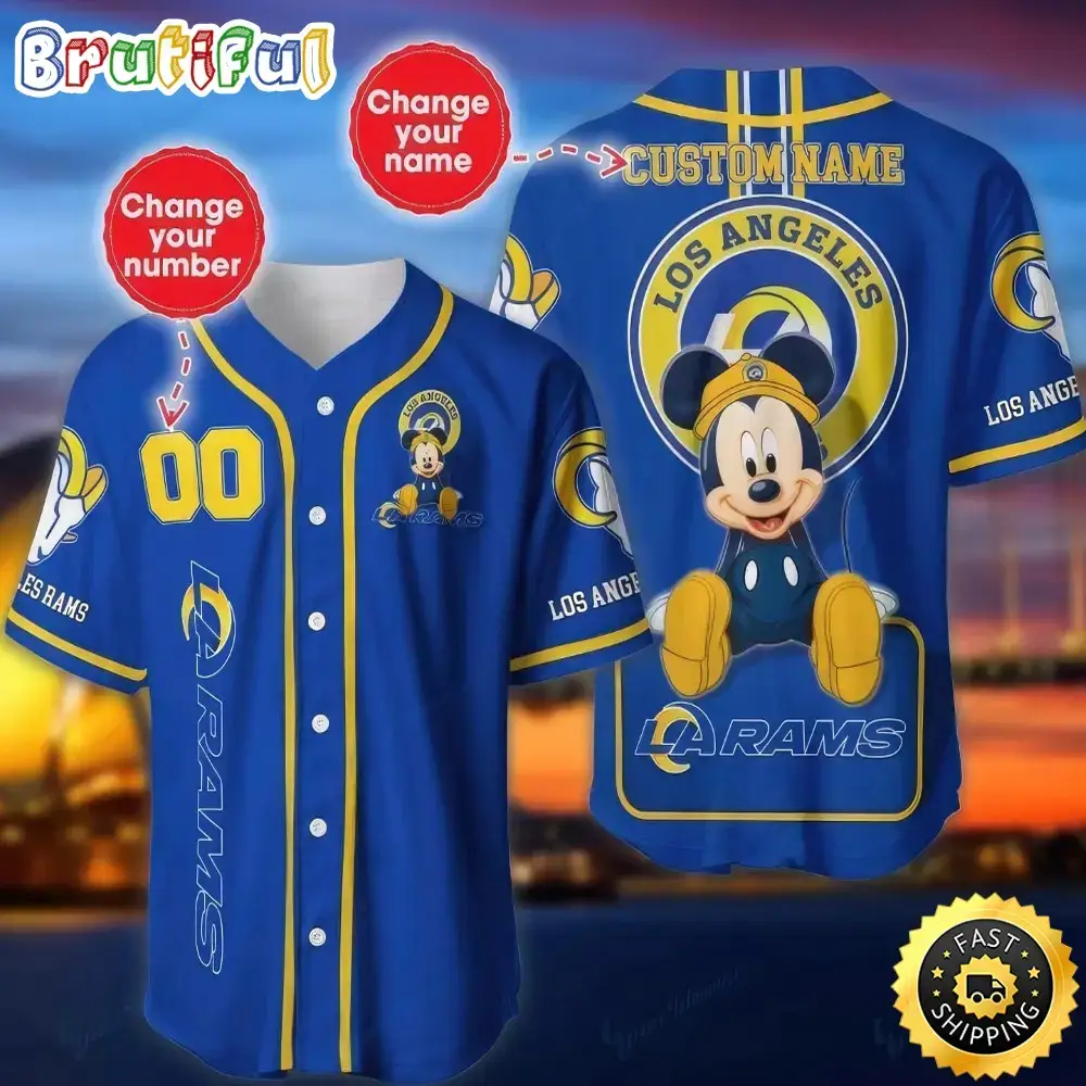 Personalized NFL Los Angeles Rams Baseball Jersey Mickey Mouse Image