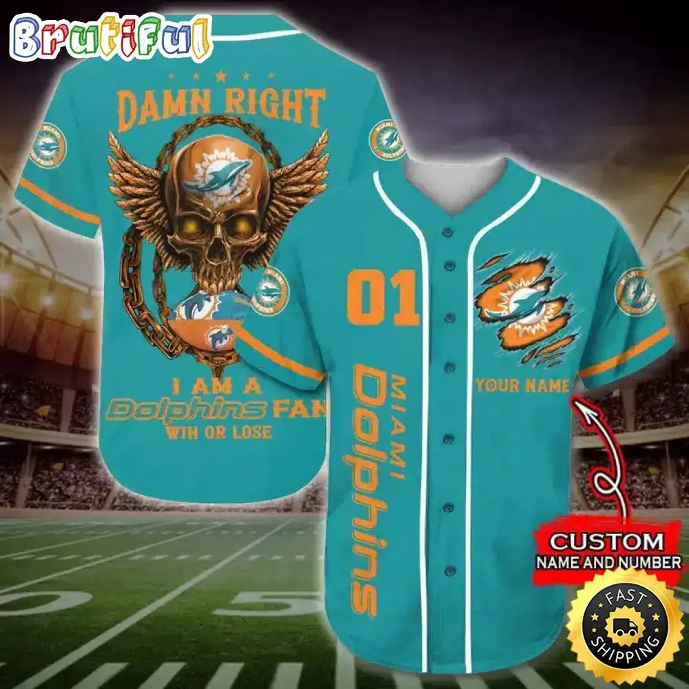 Personalized NFL Miami Dolphins Baseball Jersey Art Skull Image