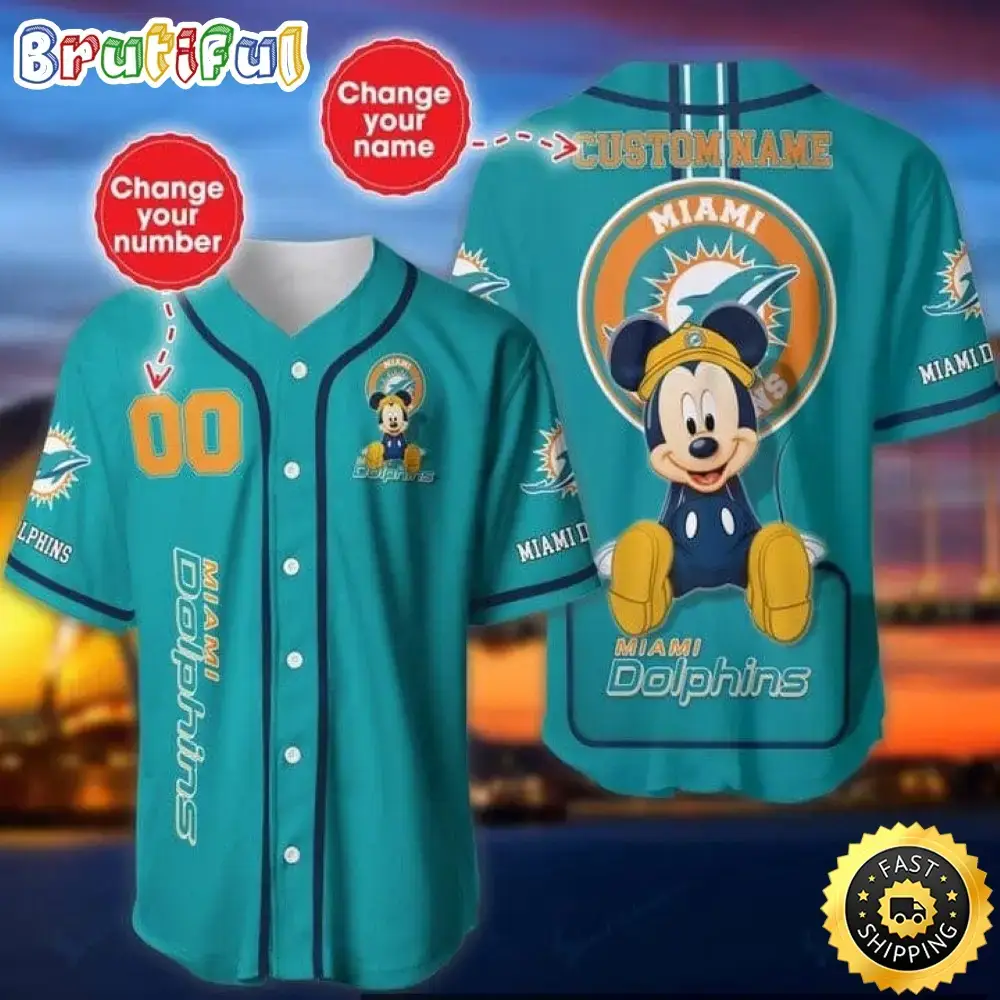 Personalized NFL Miami Dolphins Baseball Jersey Mickey Mouse Image