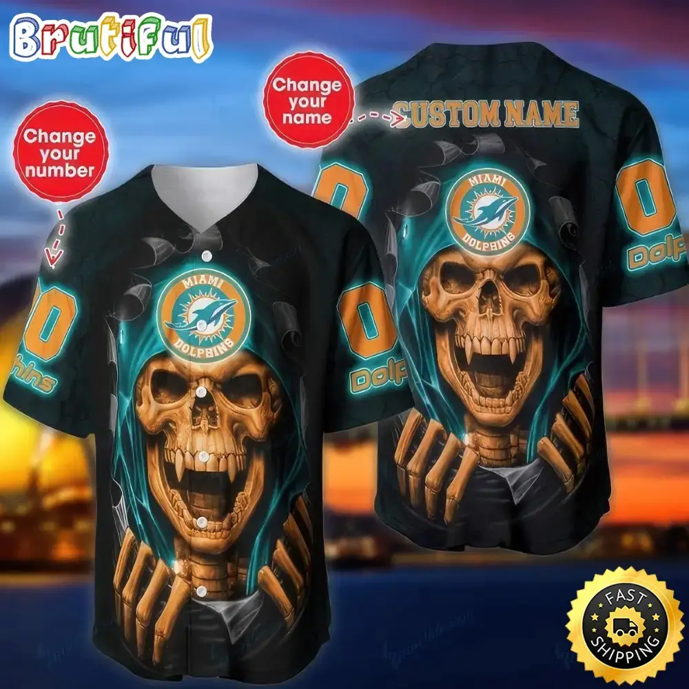 Personalized NFL Miami Dolphins Baseball Jersey Vampire Skull Image