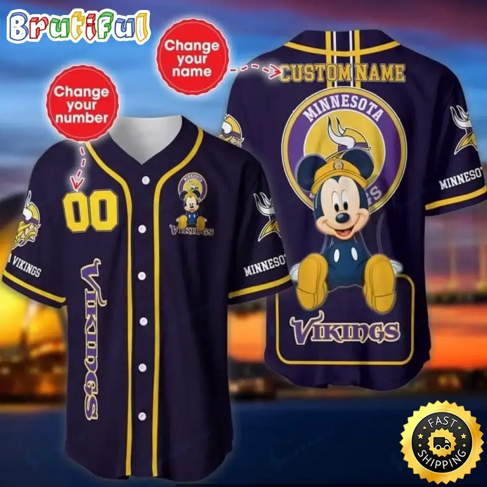 Personalized NFL Minnesota Vikings Baseball Jersey Mickey Mouse Image