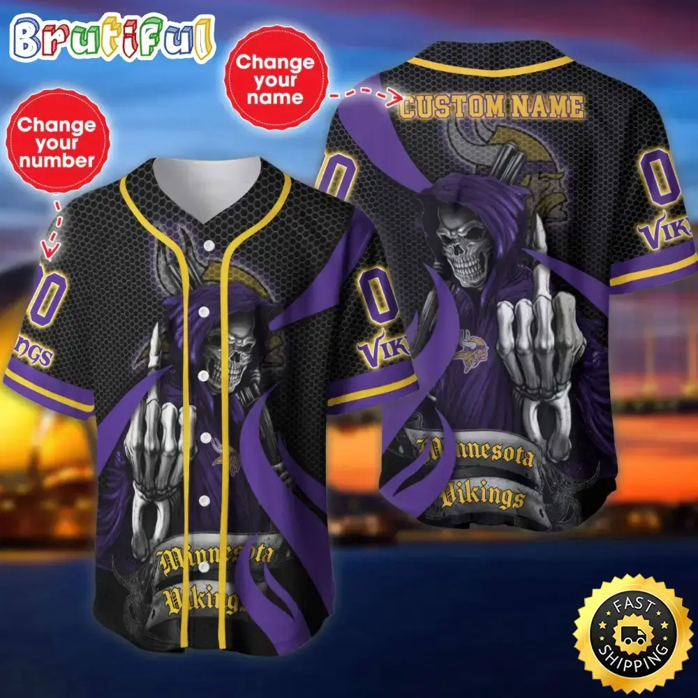 Personalized NFL Minnesota Vikings Baseball Jersey Shirt The Reaper Art Skull Image