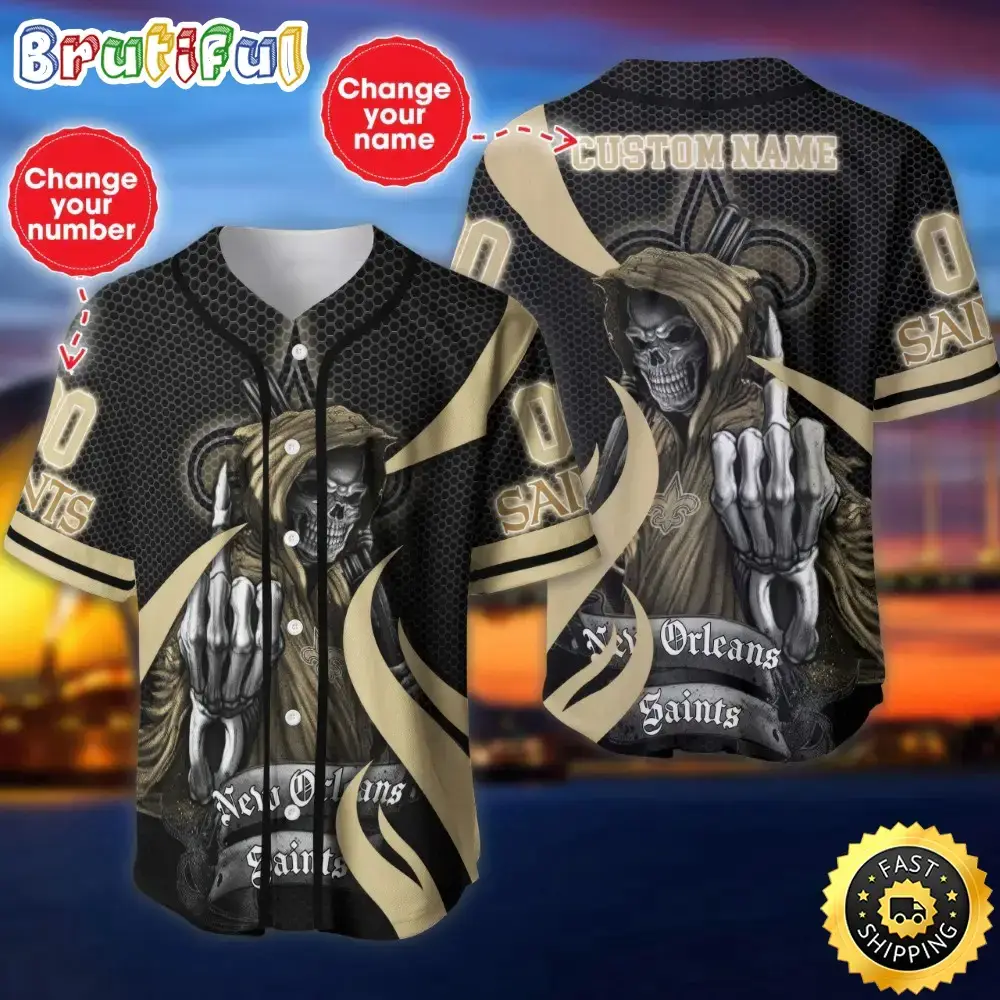 Personalized NFL New Orleans Saints Baseball Jersey Shirt The Reaper Art Skull Image