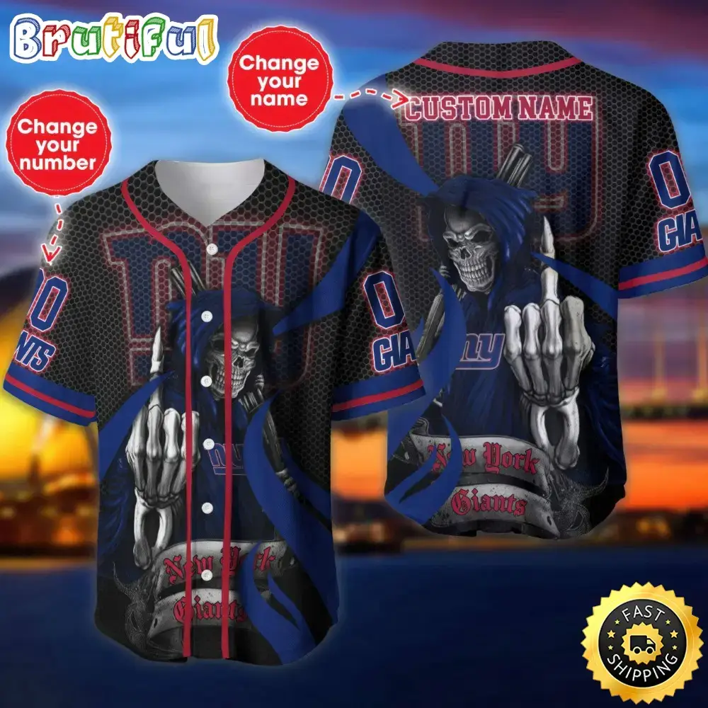 Personalized NFL New York Giants Baseball Jersey Shirt The Reaper Art Skull Image