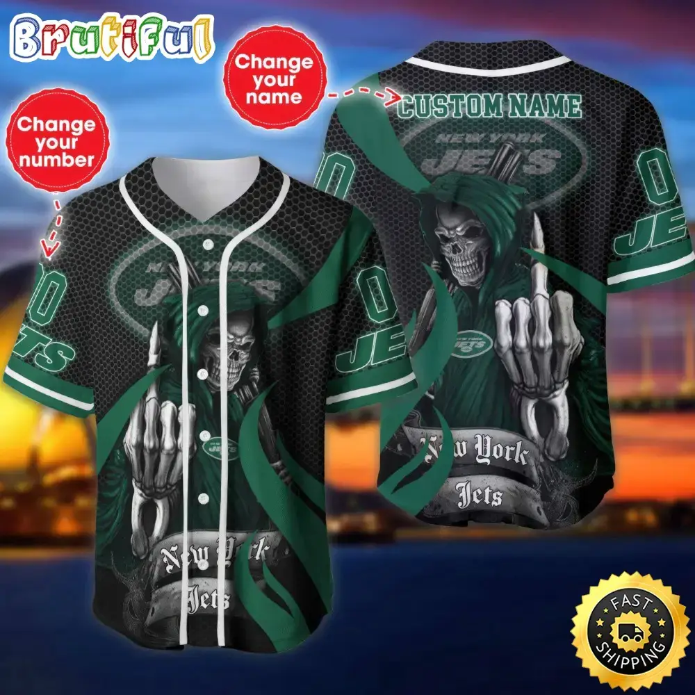 Personalized NFL New York Jets Baseball Jersey Shirt The Reaper Art Skull Image
