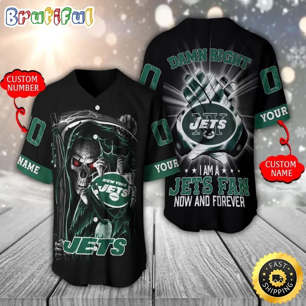 Personalized NFL New York Jets Baseball Jersey Skull Damn Right Image