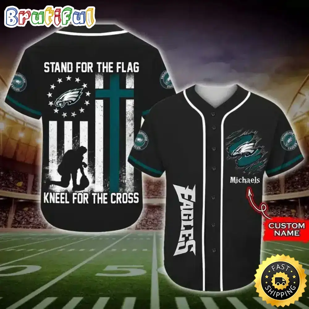 Personalized NFL Philadelphia Eagles Baseball Jersey Stand For The Flag Kneel For The Cross Image