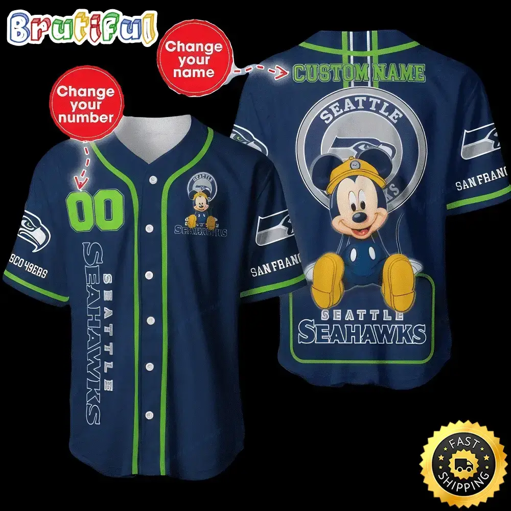 Personalized NFL Seattle Seahawks Baseball Jersey Mickey Mouse Image