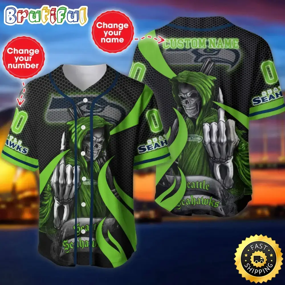 Personalized NFL Seattle Seahawks Baseball Jersey Shirt The Reaper Art Skull Image